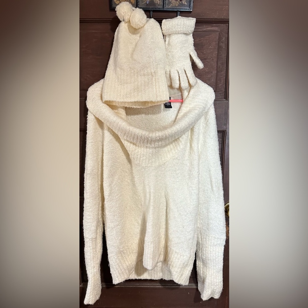 Cowl Neck/Off-The-Shoulder Sweater, Pom-Pom Beanie, and Gloves Set